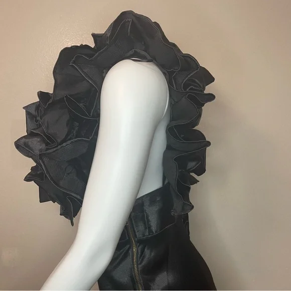 Black satin deep V-neck high low ruffle dress - Picture 5 of 13